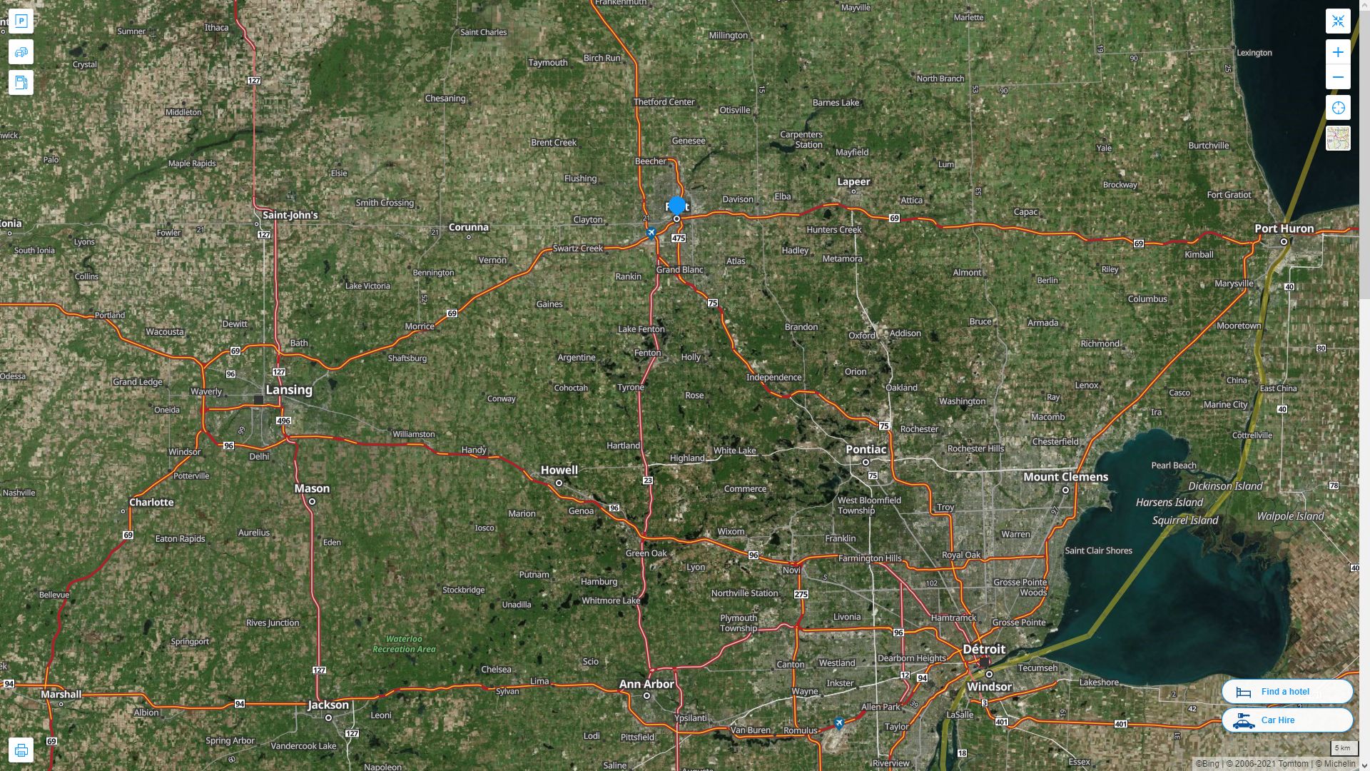 Flint Michigan Highway and Road Map with Satellite View